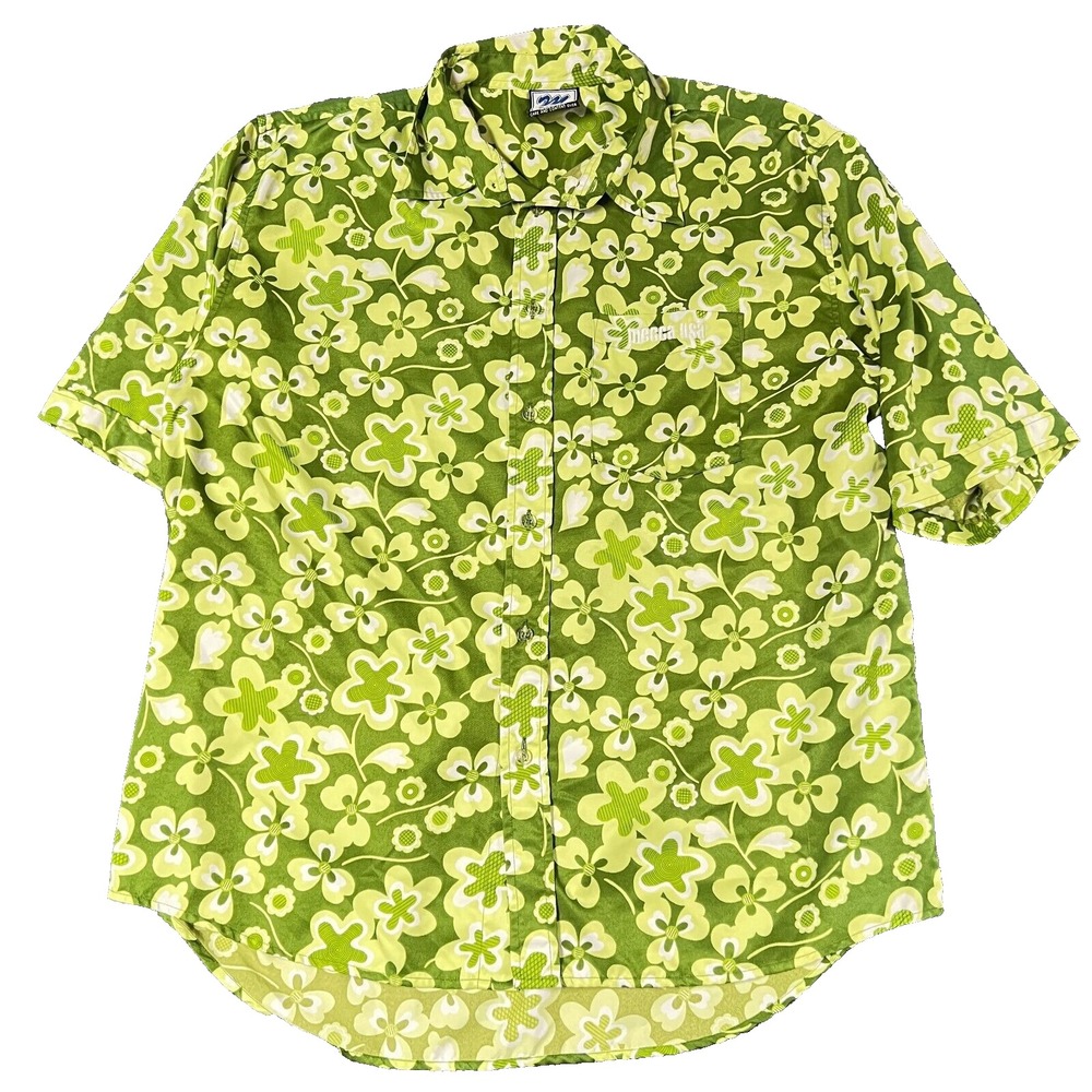 Vintage Y2K Mecca Shirt Mens Large Green All Over Monogram Logo Hip Hop Hawaiian